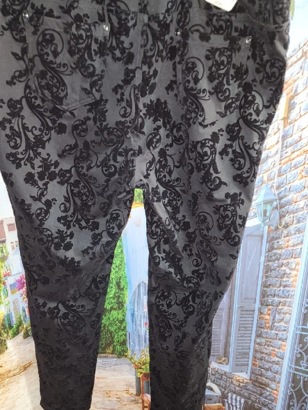 Terra Sky Black Velvet Burnout Floral Skinny Pants Size 2x - Picture 5 of 12